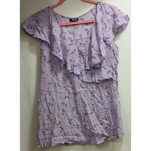 ANA A New Approach V-Neck Blouse Small Lavender Flowers Boho Ruffle Neck S/S EUC